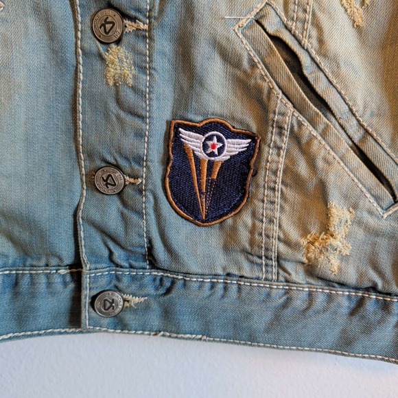 Smoke Rise Denim Vest Women Small Light Blue Distressed American Flag Patches - Picture 5 of 8